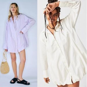 Free People Spring Bubble Hem Shirtdress in White Oversized Small Mini Dress NEW